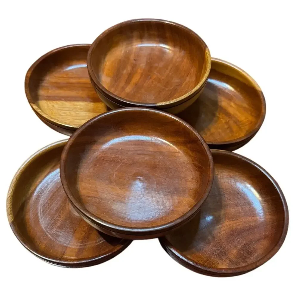 Vintage Solid Wood Salad Bowls Set of 6 MCM Heavy Dense Walnut Grain 4 1/2
